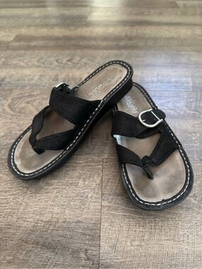 Alegria Black Suede Thong Sandals with Buckle
